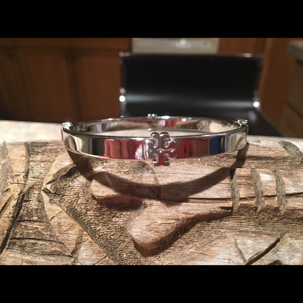 Tory Burch Silver-Tone Logo Bangle Bracelet - Picture 2 of 6